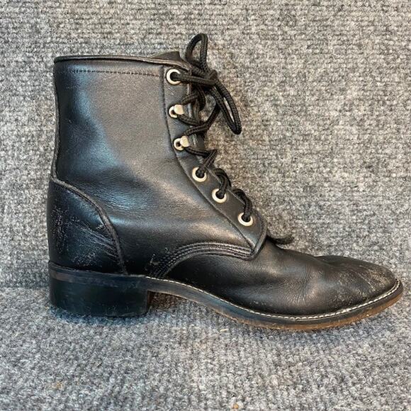 Vintage Justin Black Leather Kiltie Boots Kids 13.5 Lace Up Leather Granny USA - Picture 3 of 7